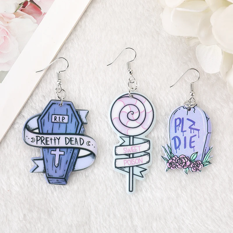 

1Pair Hollaween Dangle Earrings Acrylic Spooky Coffin Lollipop Sweet Poison for Women Birthday Gift