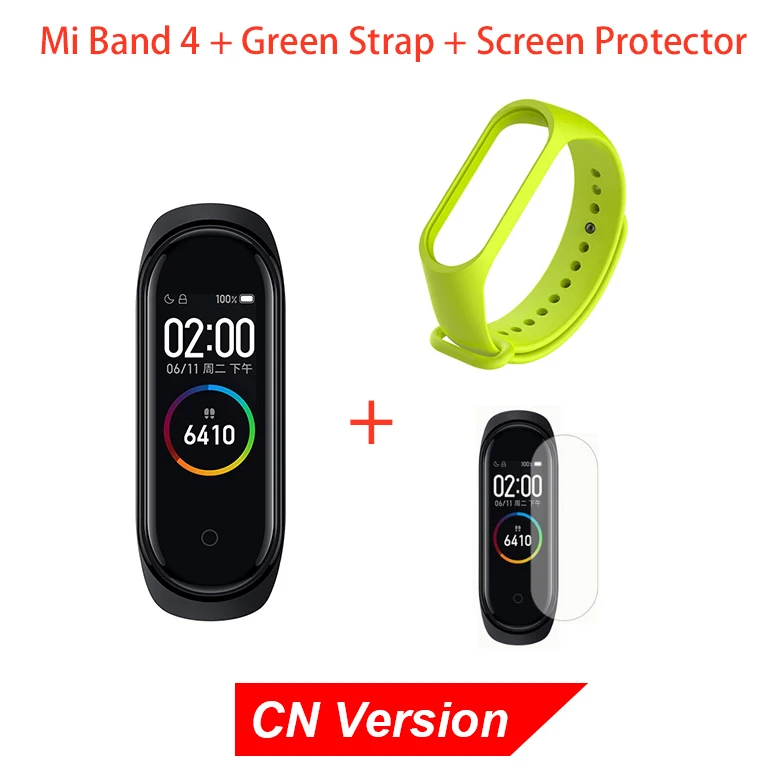 CN Green Strap film Xiaomi mi-браслет 4 смарт-браслет Bluetooth 5,0 AI фитнес-браслет с частотой сердечных сокращений AMOLED цветной сенсорный экран mi Band 4 - Цвет: CN Green Strap film