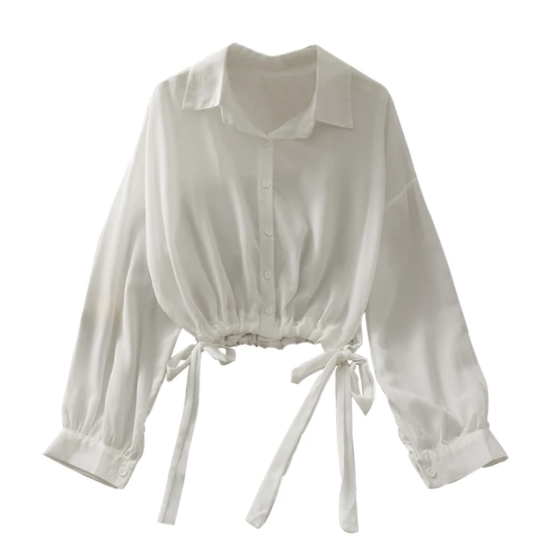 

Niche Solid Color Drawstring Lace Waist Long-Sleeved Shirt Women's New Loose Slimming Breasted Lapel Short Shirt