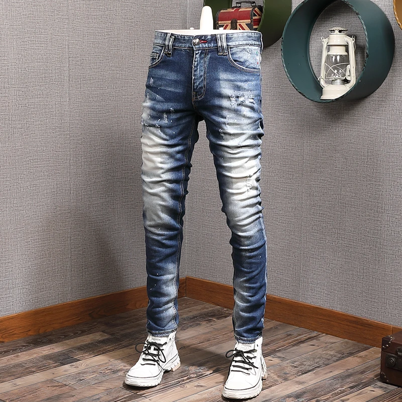 European Vintage Fashion Men Jeans Retro Blue Elastic Slim Fit Ripped Jeans Men Embroidery Designer Plain Casual Denim Pants