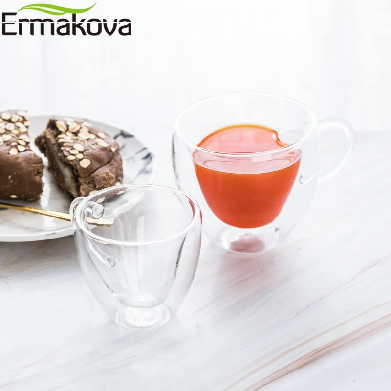 ERMAKOVA Coffee Mug Double Walled Insulated Coffee Tea Beer Cup Glass Heart Shape Espresso Cappuccino Latte Milk Mug Drinkware
