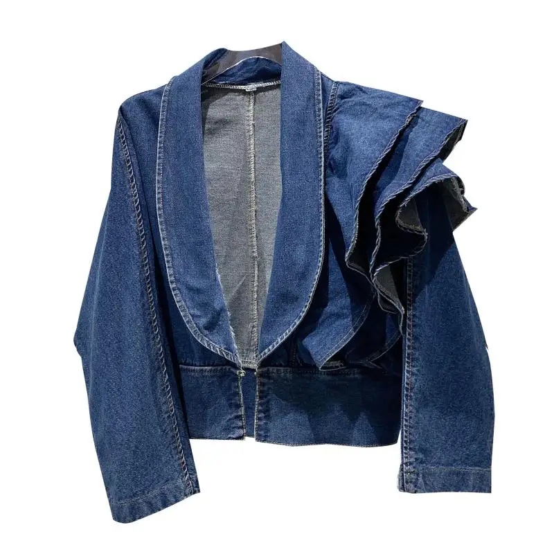 2021 Autumn New Fashion Ruffles Design V-neck Women Long Sleeve Denim Cropped Jacket Short Jean Coat High Waist Outwear | Женская одежда