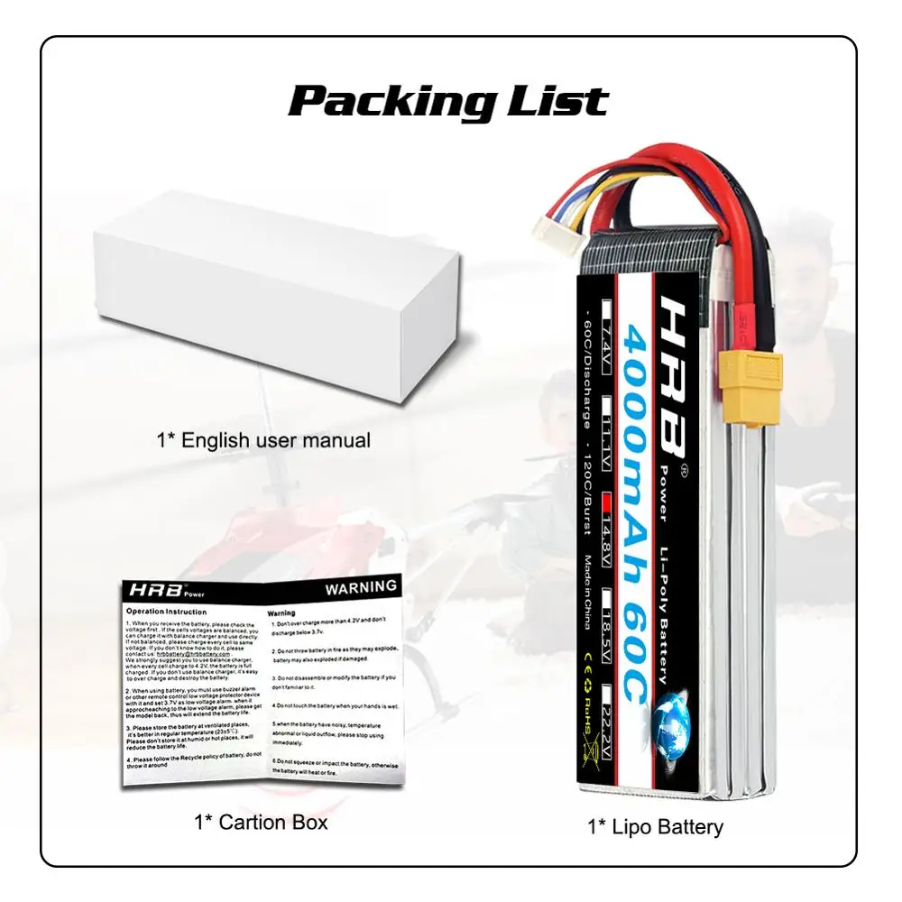 hrb 4s lipo аккумулятор 148 в 4000 мач 60c xt60 разъ