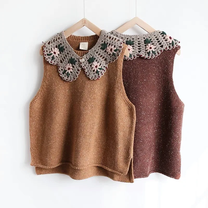 

Новинка 2021, японский Свободный вязаный жилет с кружевным воротником и ручной вышивкой