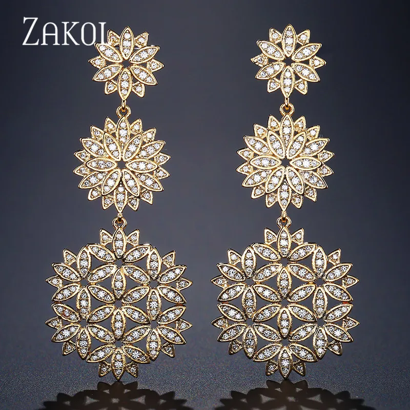 Роскошные серьги подвески ZAKOL из фианита с микрозакрепкой большой цветок модные