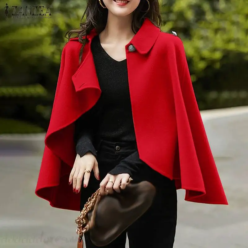

ZANZEA Women Clothing ELegant Autumn Capes Ponchos Coats Casual Sleeve Button Cloaks Outwear Sleeveless Cloak Solid Jackets 2021
