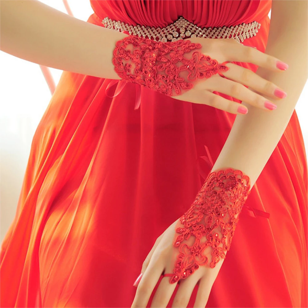 

1 Pair Gloves Wrist Accessories Bridal Evening Short Lace Fingerless Elegant Rhinestone Wedding Party Arm