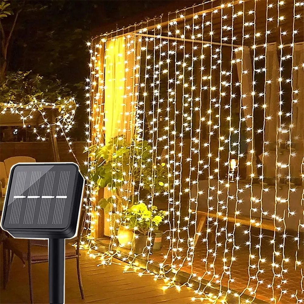 

3M*3M 300LEDs Solar Powered LED Curtain Fairy String Light Wedding Party Garden Outdoor Window Twinkle Lighting Decor