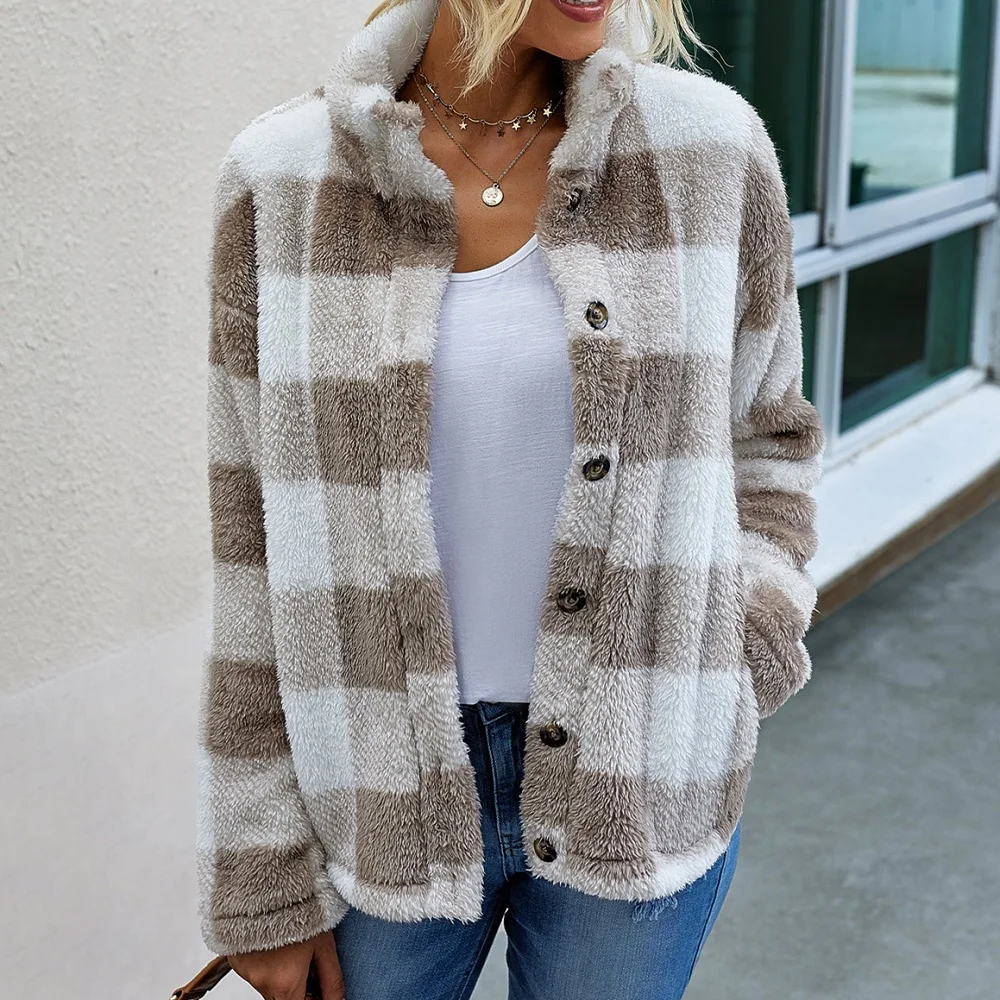 

Ladies Vintage Autumn Winter Plaid Jacket Women Coat Faux Fur Streetwear Lapel Loose Outerwear Jacket Female Coats Chic Tops