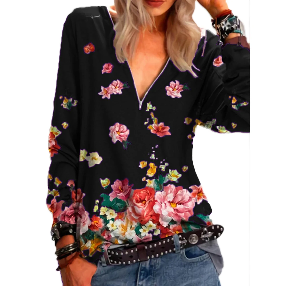 Летняя футболка с цветочным принтом женская обувь на застежке молнии V образным