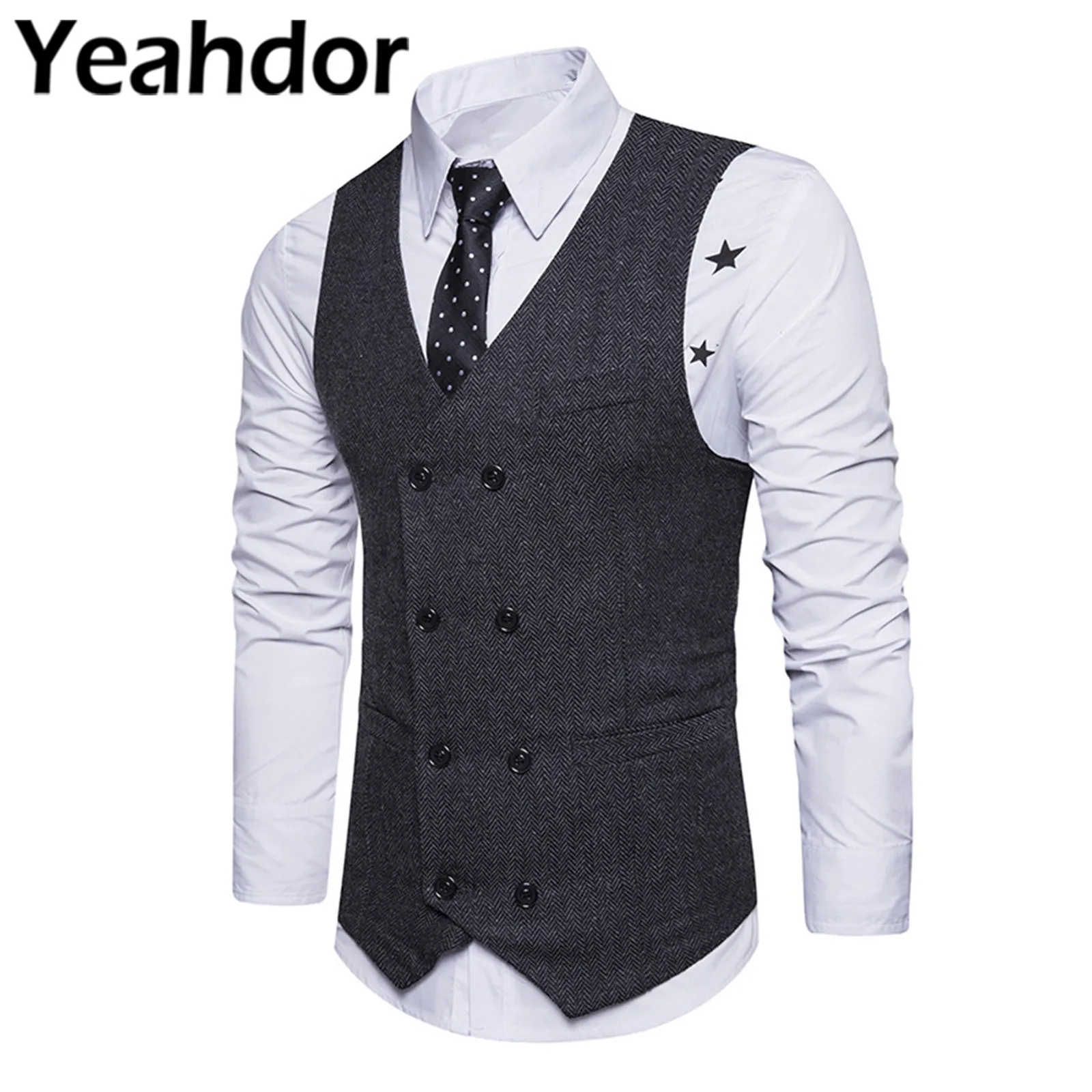 

Fashion Men's Suit Vests V-Neck Double Breasted Slim Fit Vest Waistcoat Gentleman Male Formal Wedding Dress Vests For Groosmen