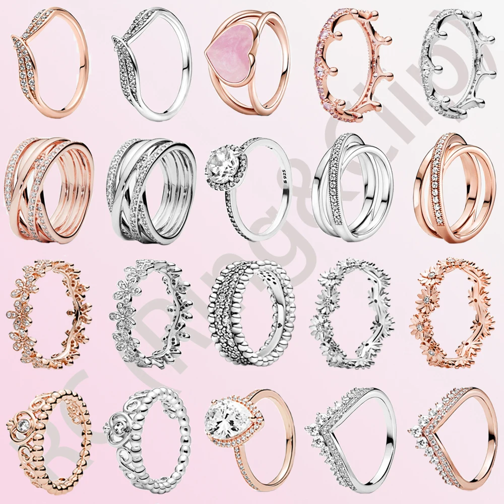 2021 New 100% 925 Sterling Silver Princess Tiara Crown Sparkling Love Heart ,CZ Rings for Women Engagement Jewelry Anniversary