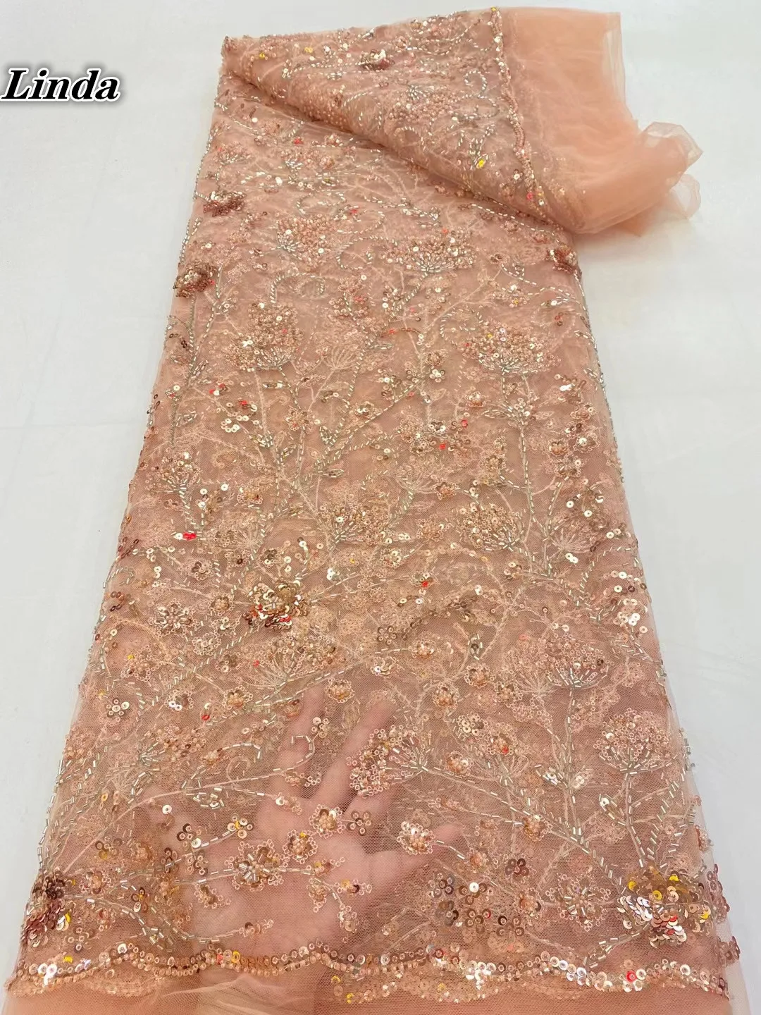 

African Beads Lace Fabric 5 Yards 2021 High Quality Orange Sequin Embroidery Nigerian Wedding Asoebi Dress Sewing Lace Material