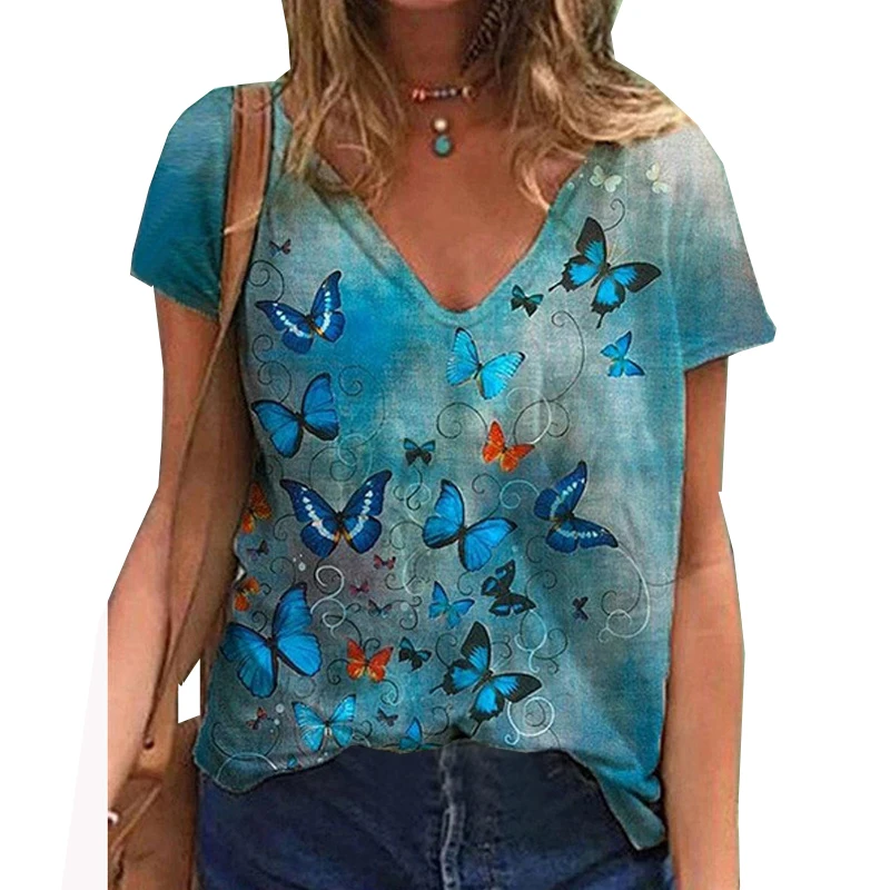 

Fashion T-Shirt Plus Size Women Short Sleeve Printed V-Neck Tops Butterfly print Tee T-Shirt Casual Loose Tops Women's Clothing