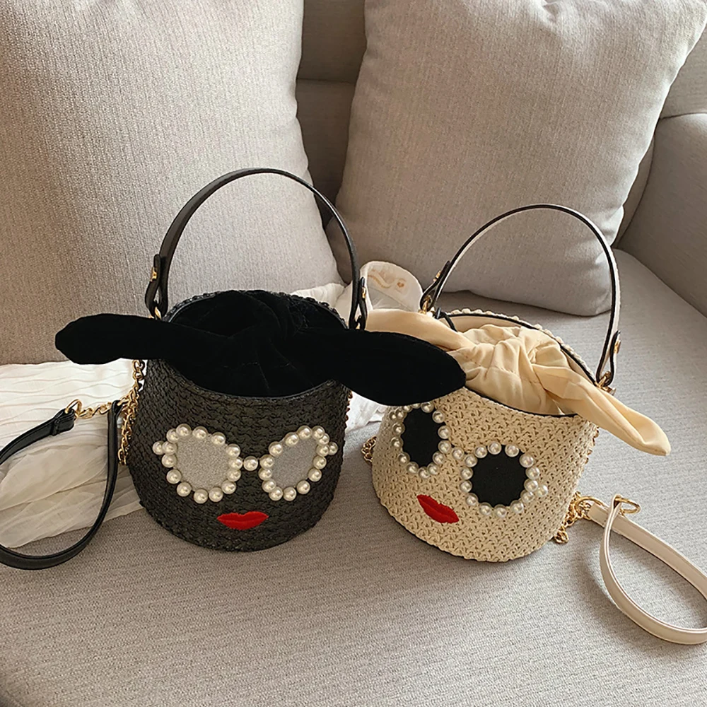 

Fairy Cute Pearl Straw Handbag for Women 2021 New Fashion Brand Designer Bucket Tote Female Summer Bohemia Beach Crossbody Purse