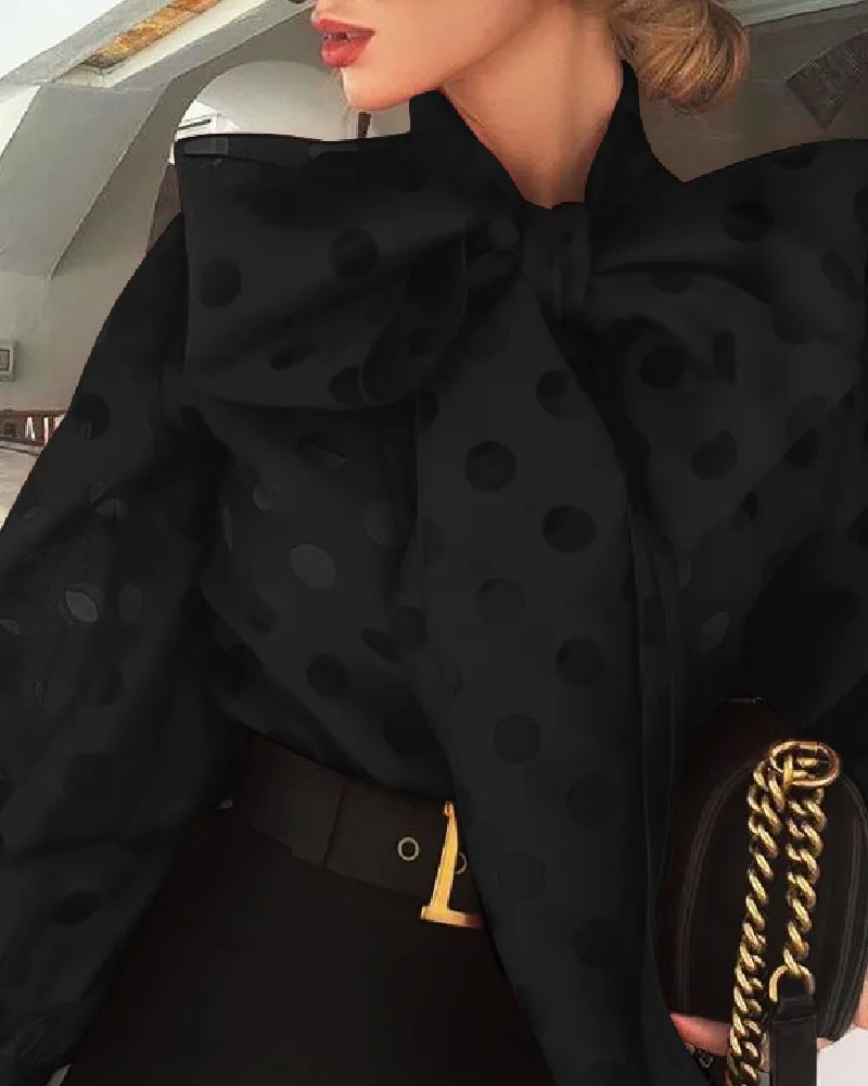 Осенне зимняя женская блузка в горошек с рукавами фонариками и бантом|Блузки| |