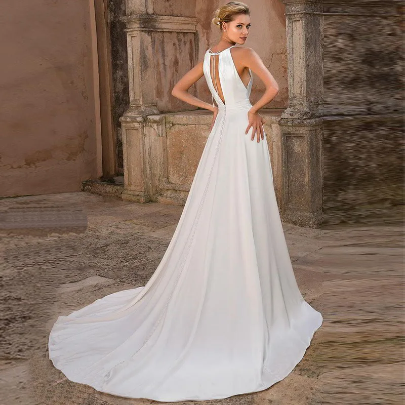 

New A-line Halter Wedding Dress 2021 Keyhole Back Simple Elegant Satin Bridal Party Gowns Vestidos De Noiva