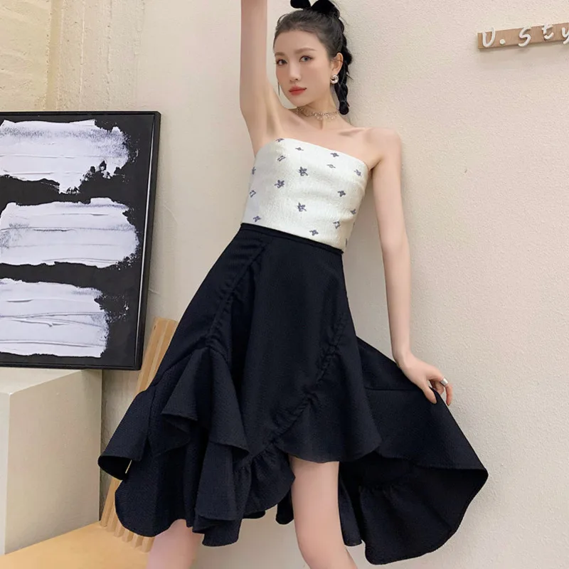 

LANMREM High Elastic Waist Half-body White Asymmetrical Ruffle Skirt Women Fashion Tide New Arrivals Spring Autumn 2021 2E1885