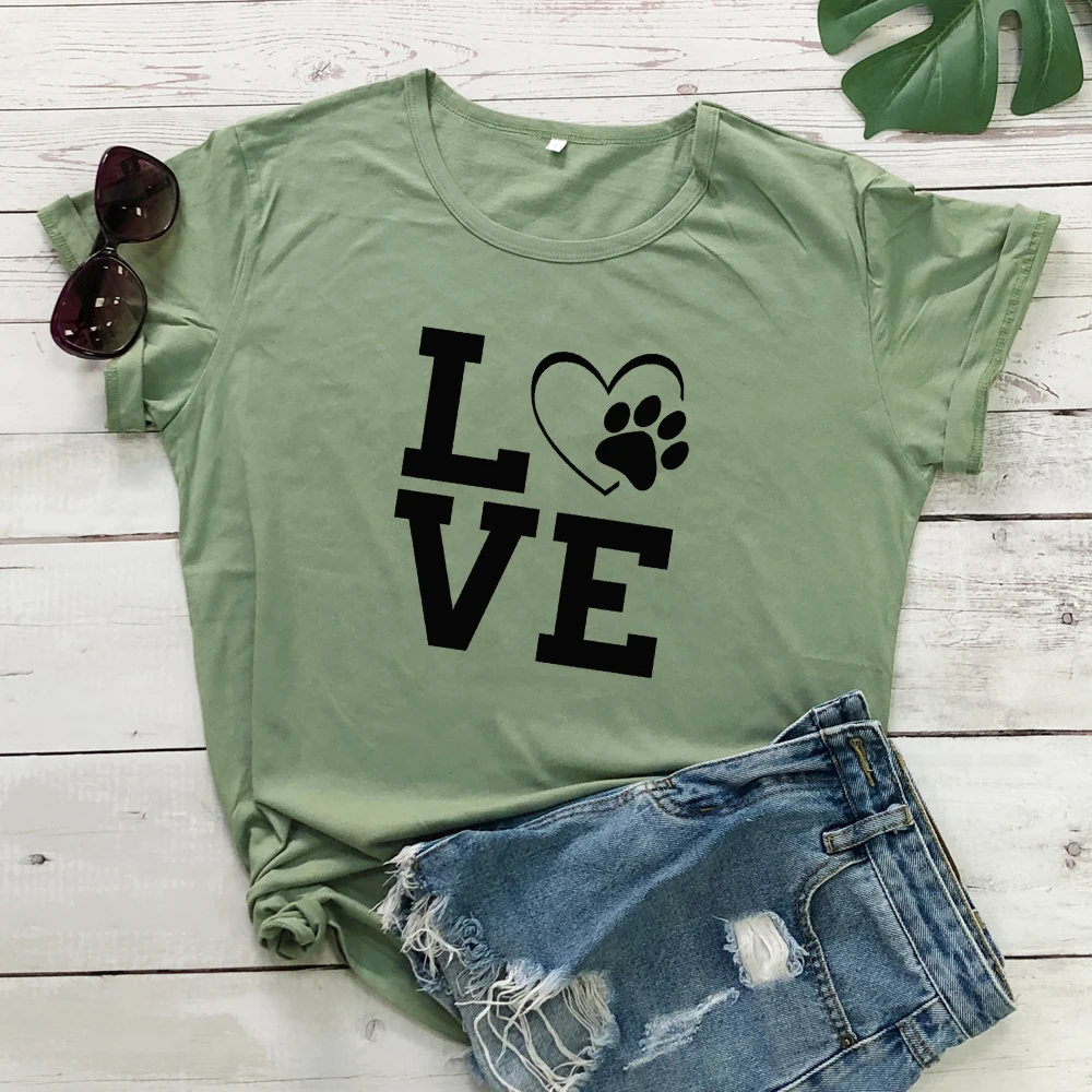 Футболка из 100% хлопка с изображением сердца и лапы Милая футболка собаки мамы в