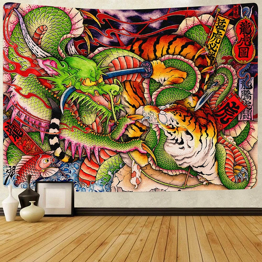 

Dragon and tiger duel Posters Psychedelic Tapestry Banners Flag Wall Hanging Painting Ukiyo-e tattoo Art Tapestries Wall Decor