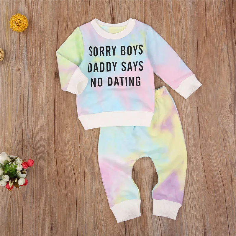 

Toddler Baby Clothing Tie Dyeing Long Sleeve Letter Tops T-shirt Long Pants Infant Tie-dye Two Pieces Set Round Collar Clothing