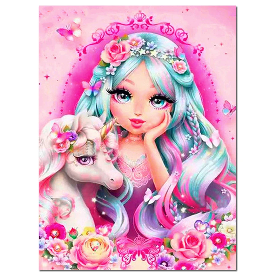 Алмазная живопись Розовый Единорог вышивка стразами девушка мультфильм