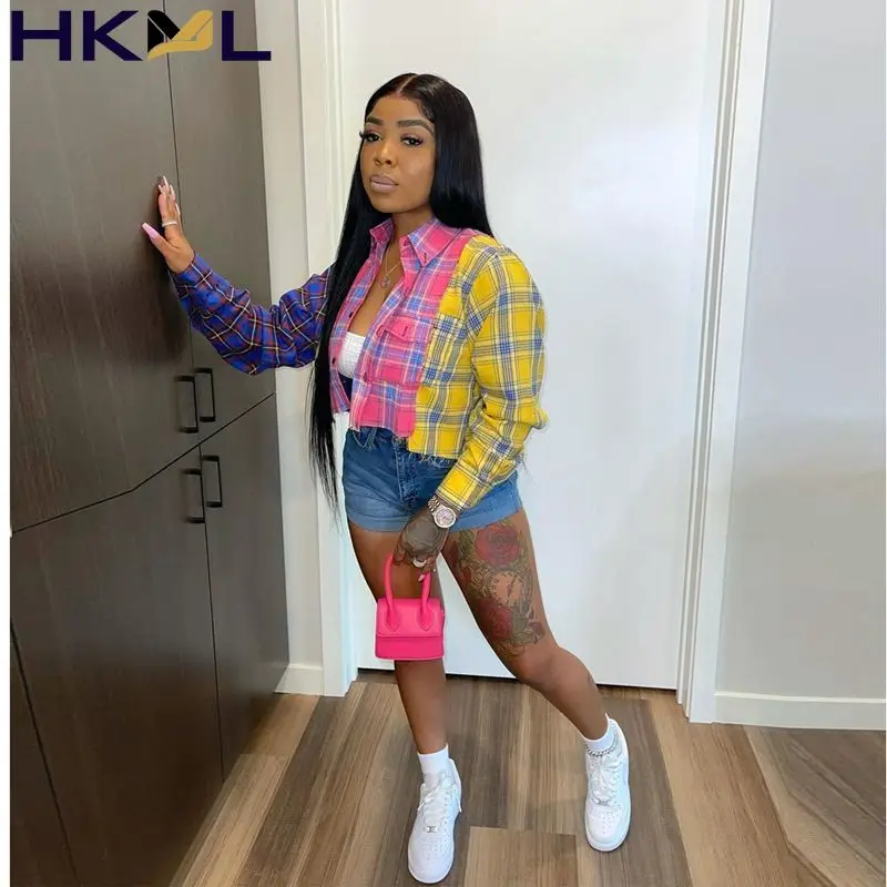 

Women Blouses Trendy Streetwear Fall Clothes Sexy Long Sleeve Button Up Shirt Aesthetic Plaid Y2k Crop Top Cardigan
