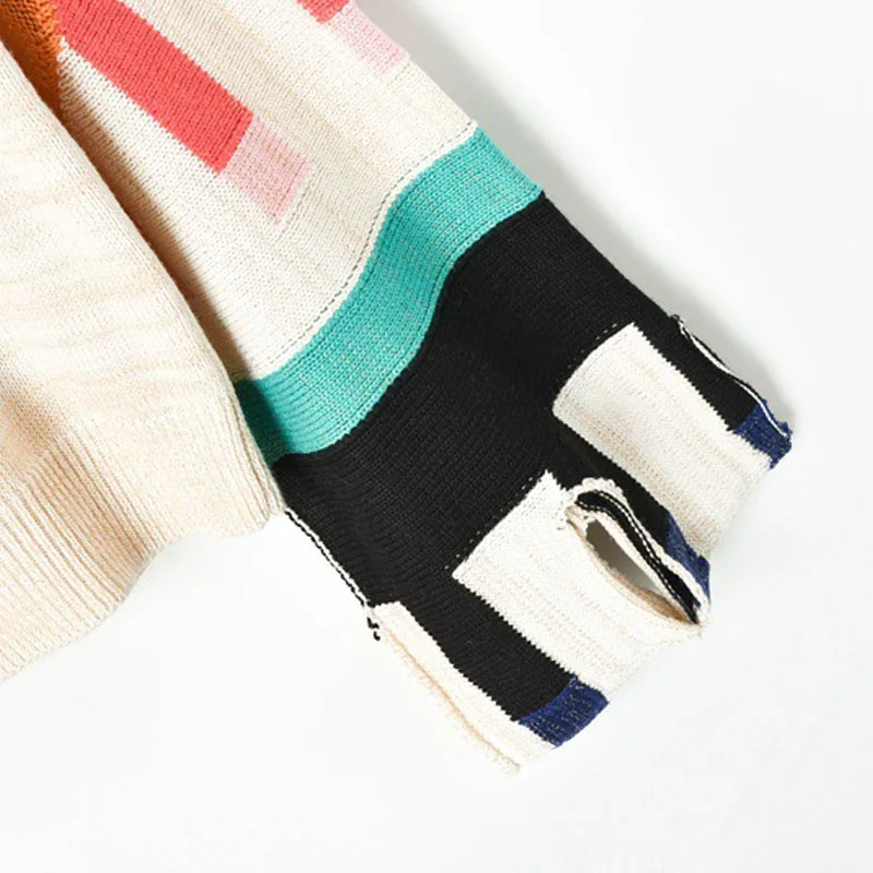 

2019 New Autumn Winter Women's Sweater O-neck Flare sleeve Loose Fashion Geometric Color block Knitted Pullover Female