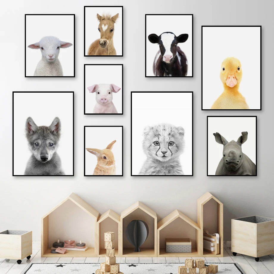 

Young Animal Sheep Wolf Rabbit Leopard Pig Wall Art Canvas Painting Nordic Posters And Prints Wall Pictures Baby Kids Room Decor