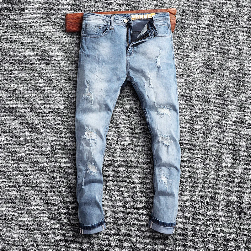 

Street Style Vogue Men Jeans Retro Light Blue Elastic Slim Fit Ripped Jeans Men Patchwork Printed Designer Hip Hop Denim Pants