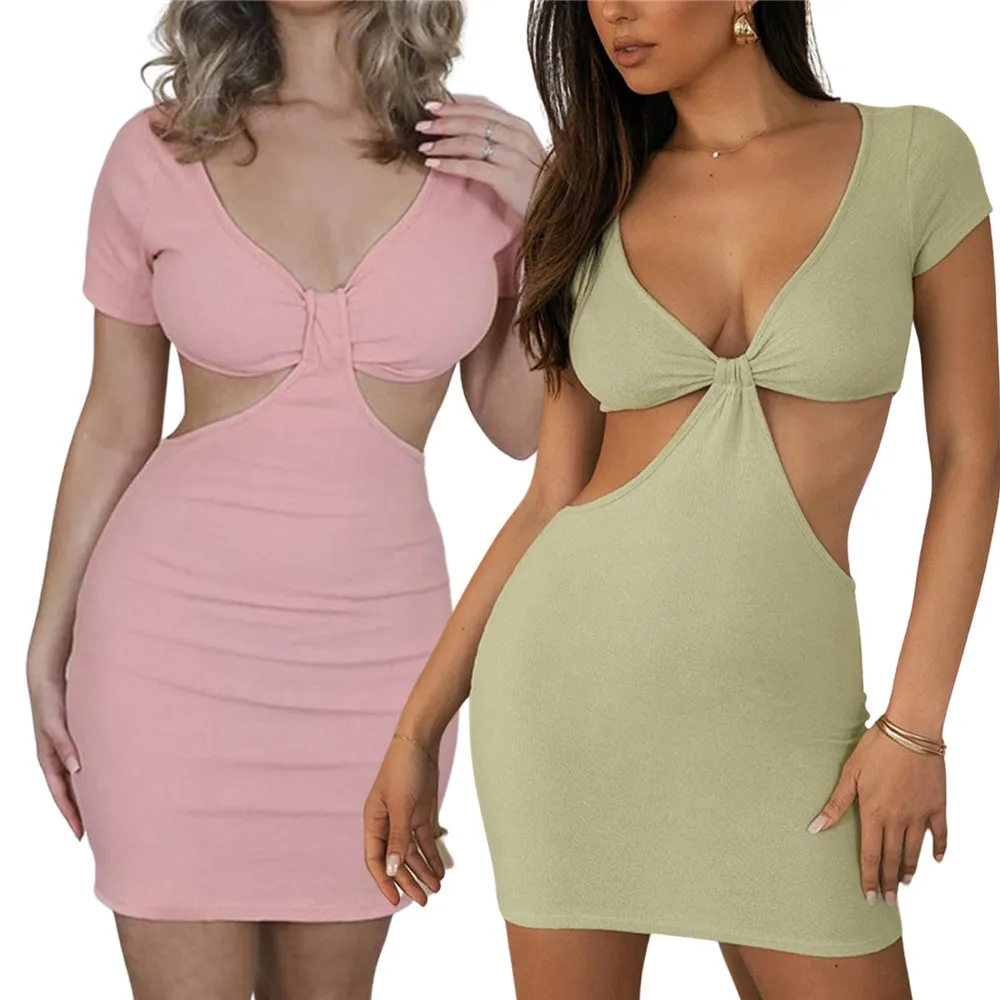 

Women Solid Color Short Dress Summer 2021 Adults Sexy V-neck Short Sleeve Cutout Slim Bodycon Dresses for Ladies Streetwear