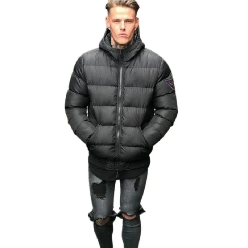 Winter Men's Hooded Full Zip Warm Cotton Sports Bomber Jackets Muscle Fit Fashionable Tide Casual Coat - Цвет: black