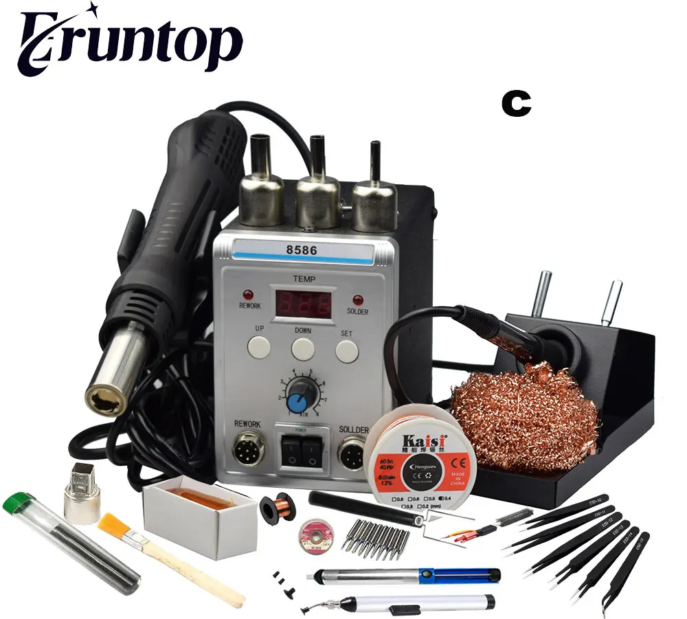Высокое качество 750 Вт 2 в 1 SMD паяльная станция Eruntop 8586 фена+ паяльник - Цвет: C