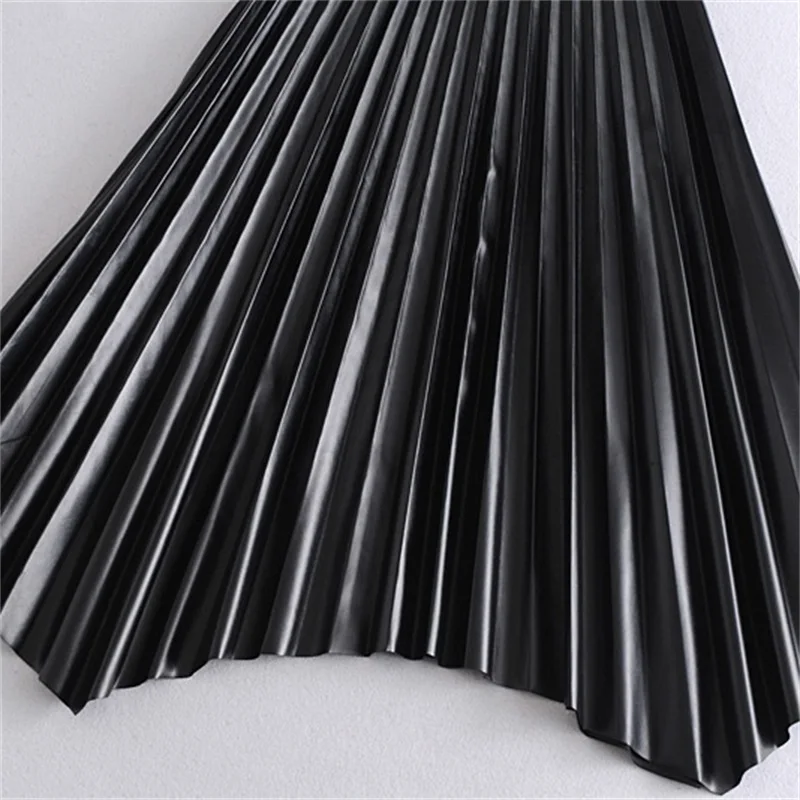 

TRAF Women's 2021 Fashion Loose Slim PU Faux Leather Midi Pleated Skirt High Waist Pleated Skirt Streetwear