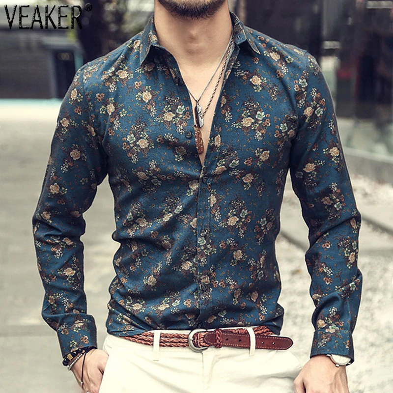 

2021 New Men's Silk Satin Floral Printed Shirts Male Slim Fit Long Sleeve Flower Print Casual Party Shirt Tops M-3XL