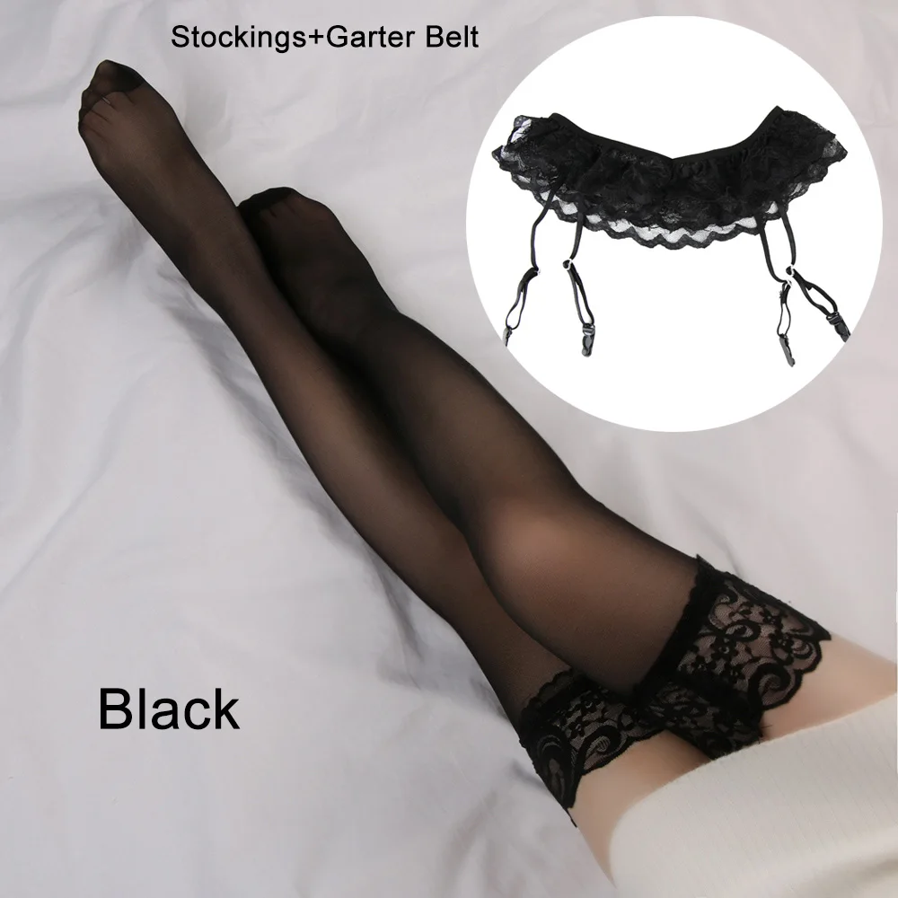 

Fishnet Stockings Fashion Women Sexy Lace Soft Top Thigh-Highs Stockings + Suspender Garter Belt Lady Black Solid Stocking Set
