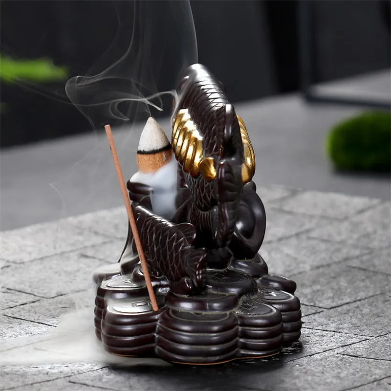 Ceramic Money Fish Incense Backflow Burner Smoke Waterfall Aroma Censer Stick Holder Home Decor + 10pcs Cones | Дом и сад