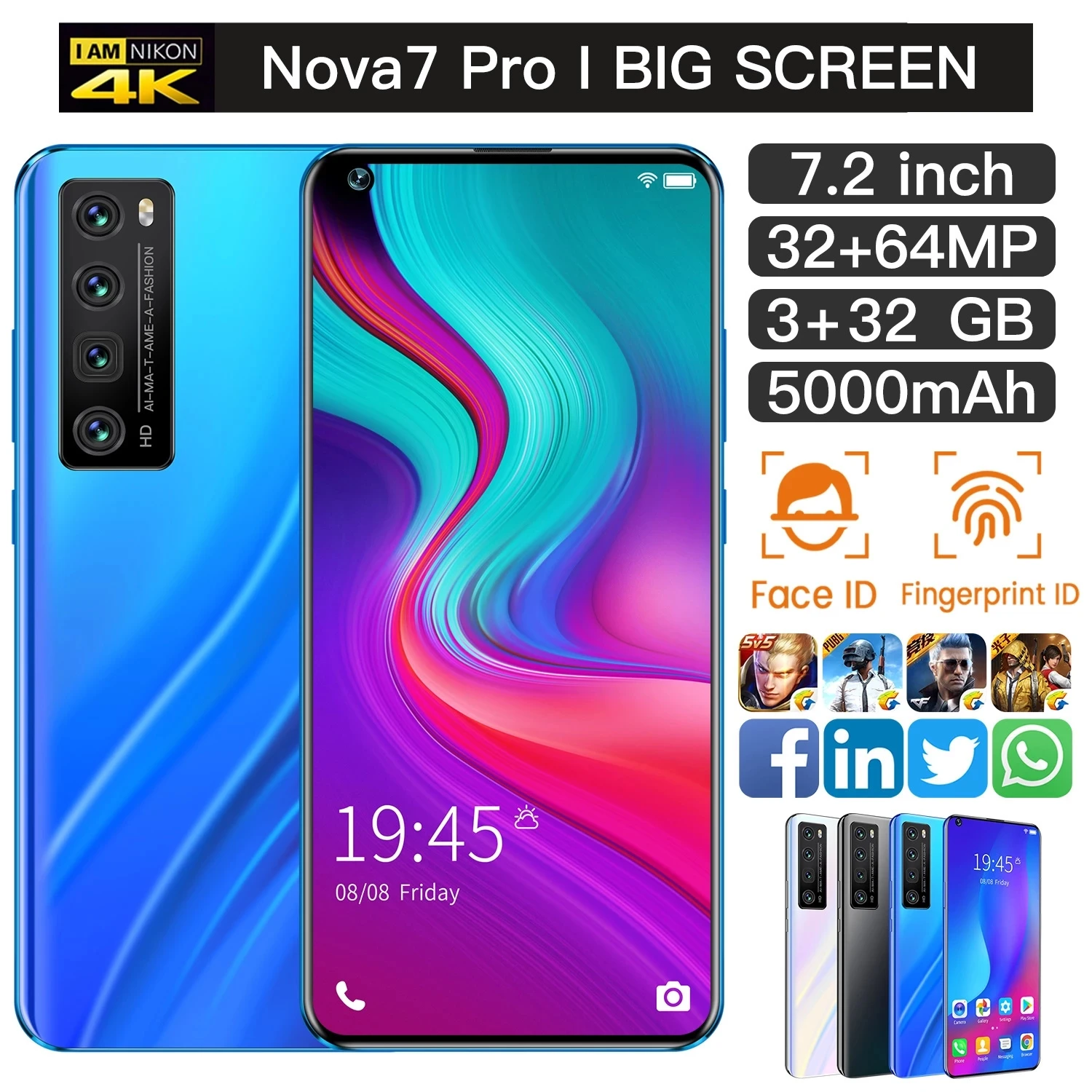 

7.2 Inch Nova 7 Pro HD Big Screen Smart Phone 5000mAh 16GB RAM 512GB ROM Smartphone Unlocked Dual Sim Android Mobile Phone