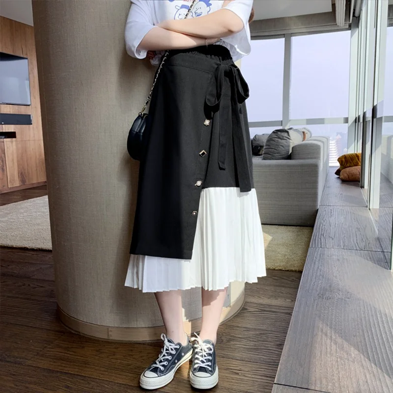 

Spring Women Irregular Pleated Long Skirts 2021 Vintage Summer Female Elastic Waist Casual Beige Patchwork Skirts Streetwear