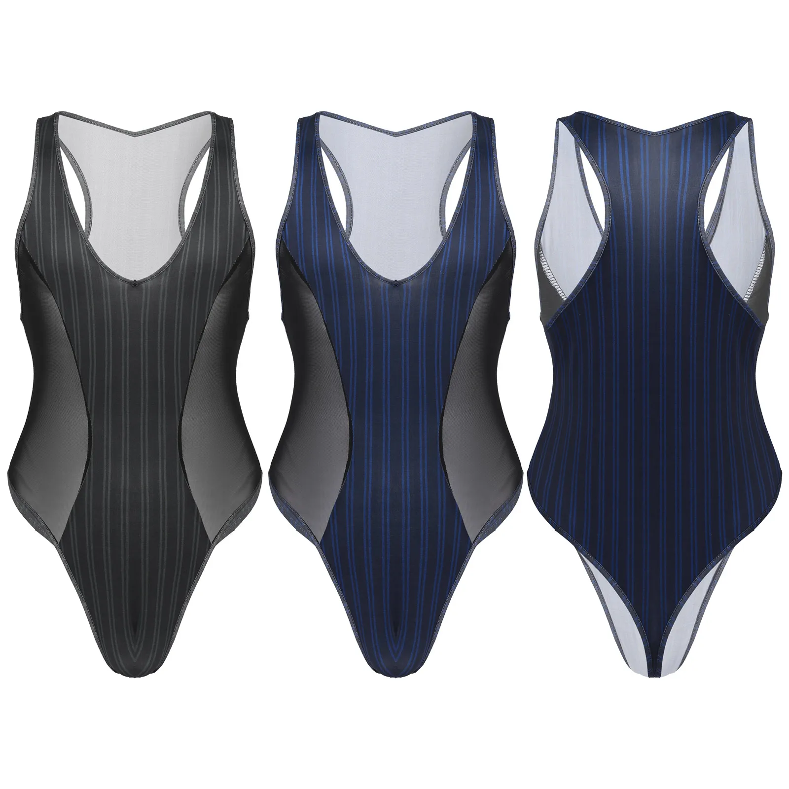 

Mens Summer Bodystocking Sleeveless See-through Mesh Patchwork Hollow Out Bodysuit One-Piece Striped Jockstraps Pouch Swimwear