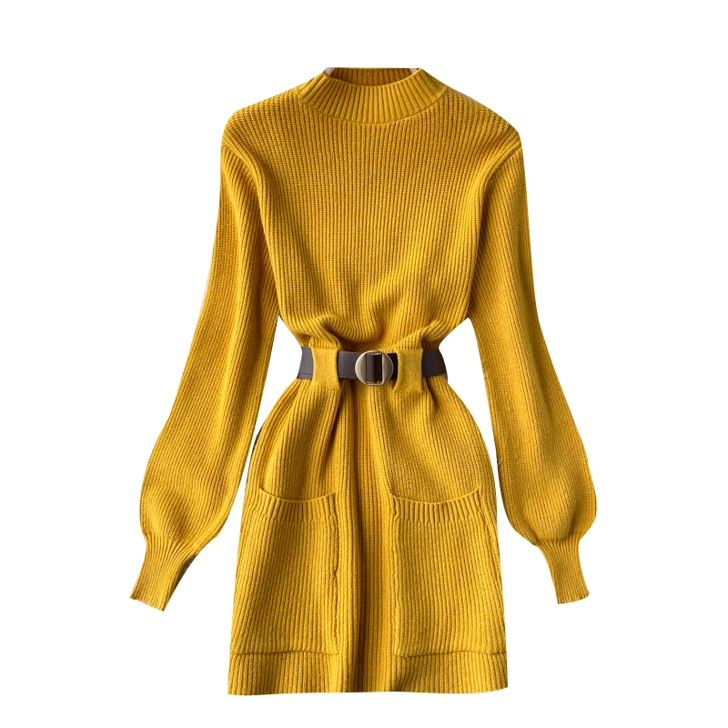 

High Street Autumn Soft Sweater knit Dress Waist Slim O Neck Puff Sleeve Artistic Elegant Sweater Dress with belt for women