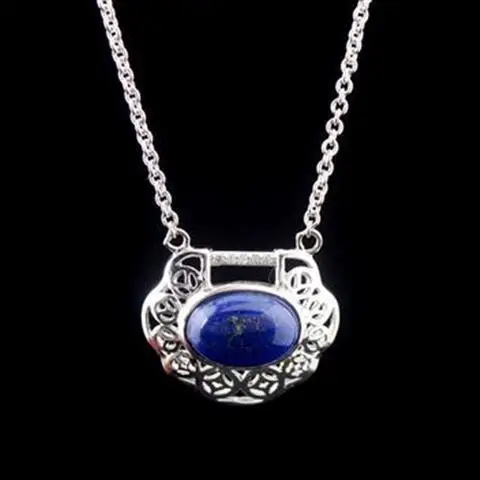 

X925 Sterling Silver Court Retro Longevity Lock Necklace Natural Blue Gold Copper Coin Ruyi Clavicle Chain Women's Pendant Sets