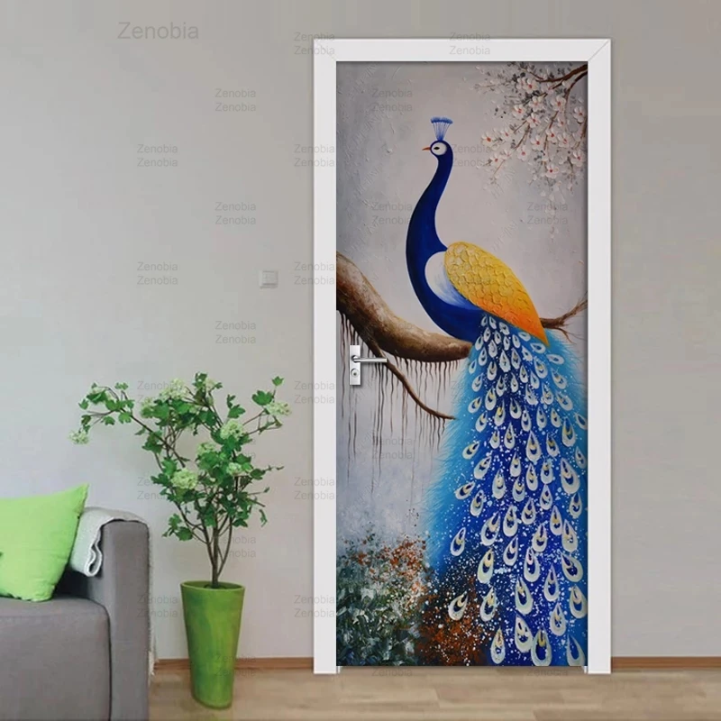 

Diy Self Adhesive Door Stickers Peacock Flower Oil Painting Art Decals for Living Room Bedroom Door Decor Pvc Waterproof Poster