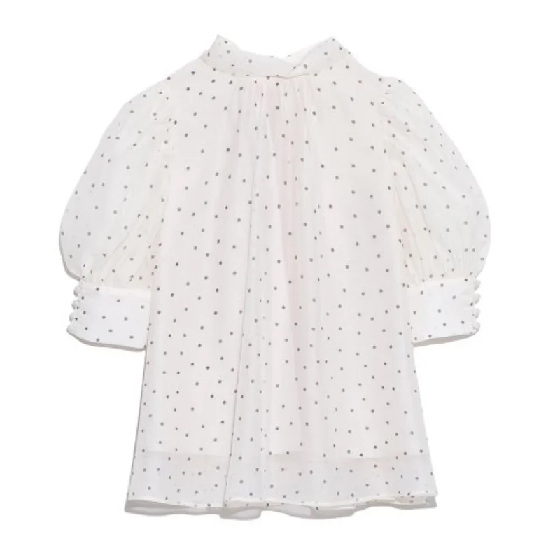 

Sweet Japan Style Back Bow Tie Puff Sleeve Women Blouse Stand Collar Pullover Summer 2021 New Women Tops Elegant Loose Blusas