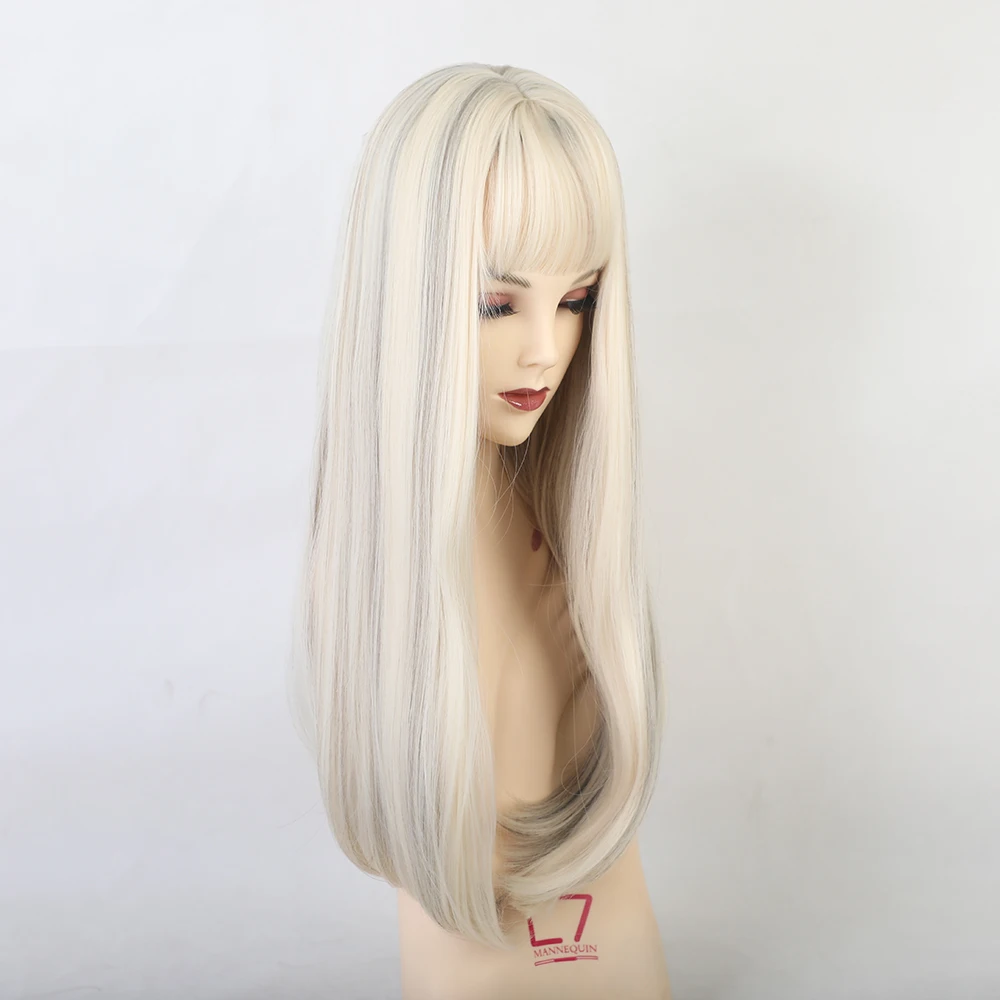 Длинные прямые синтетические парики с челкой смешанные белые из натуральных