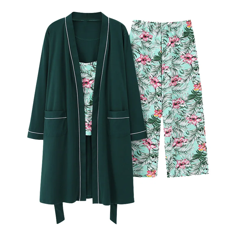 2019 весенне-осенние женские пижамные комплекты из 3 предметов с цветочным принтом