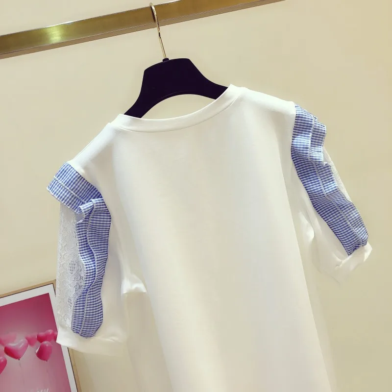 

2021 Summer White T-shirt New Stitching Plaid Ruffles Sleeve Round Neck Short Sleeve T Shirt Women's Casual Tops Jumper Tee