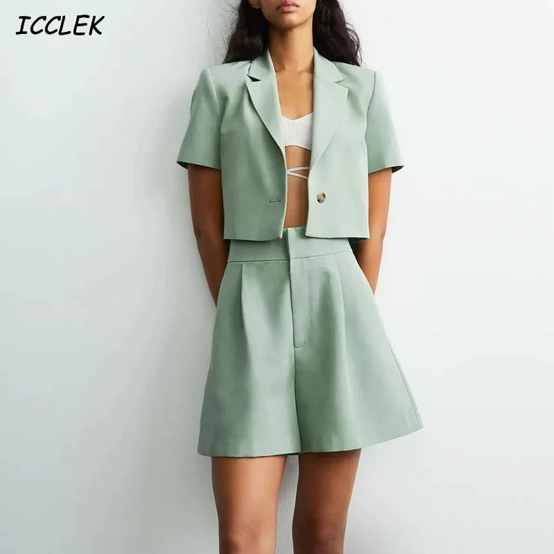 

Za Women's Blazers Suits Two Piece Sets Cropped Tops Female Short Sleeves Sloid Slim Outfit Workwear Office Ladies Formal Jacket