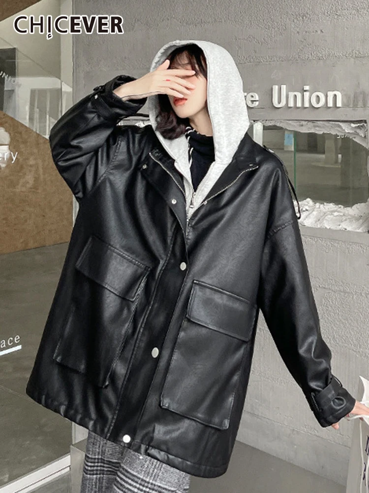 

CHICEVER High Street Fake Two Pu Jackets For Women Hooded Collar Long Sleeve Single Breasted Coats Female 2021 Winter Clothing