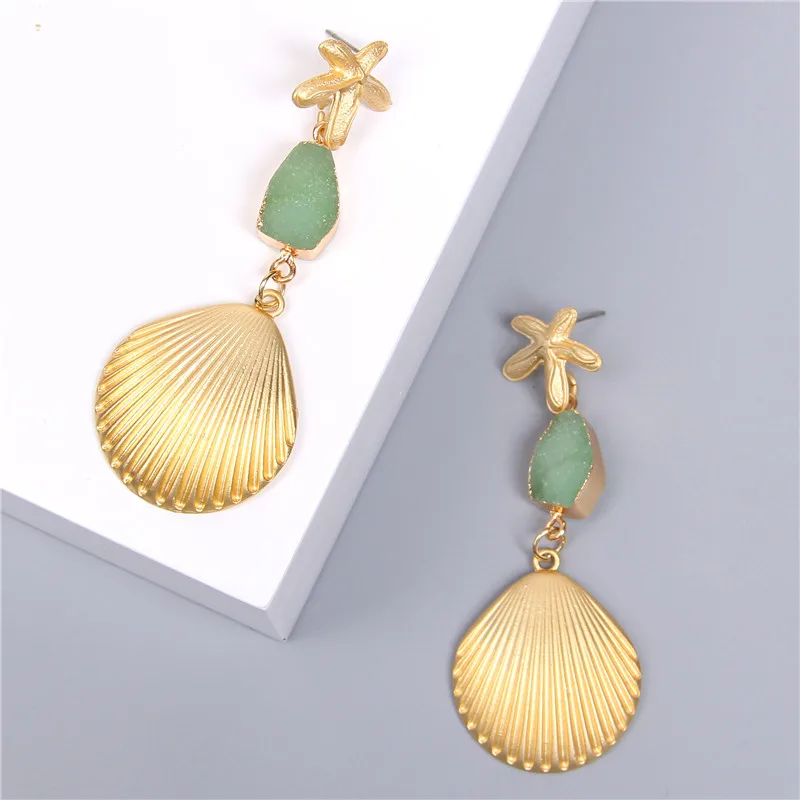 Друза природного камня серьги в виде раковины летние пляжные ювелирные изделия